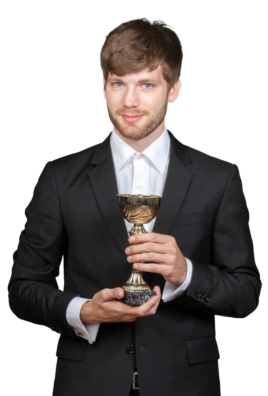 man holding an award image